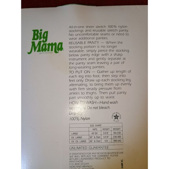 Big Mama Womens Reusable Pantyhose XL Beigetone Reinforced Toe Stretch 55"-59" - Picture 3 of 5